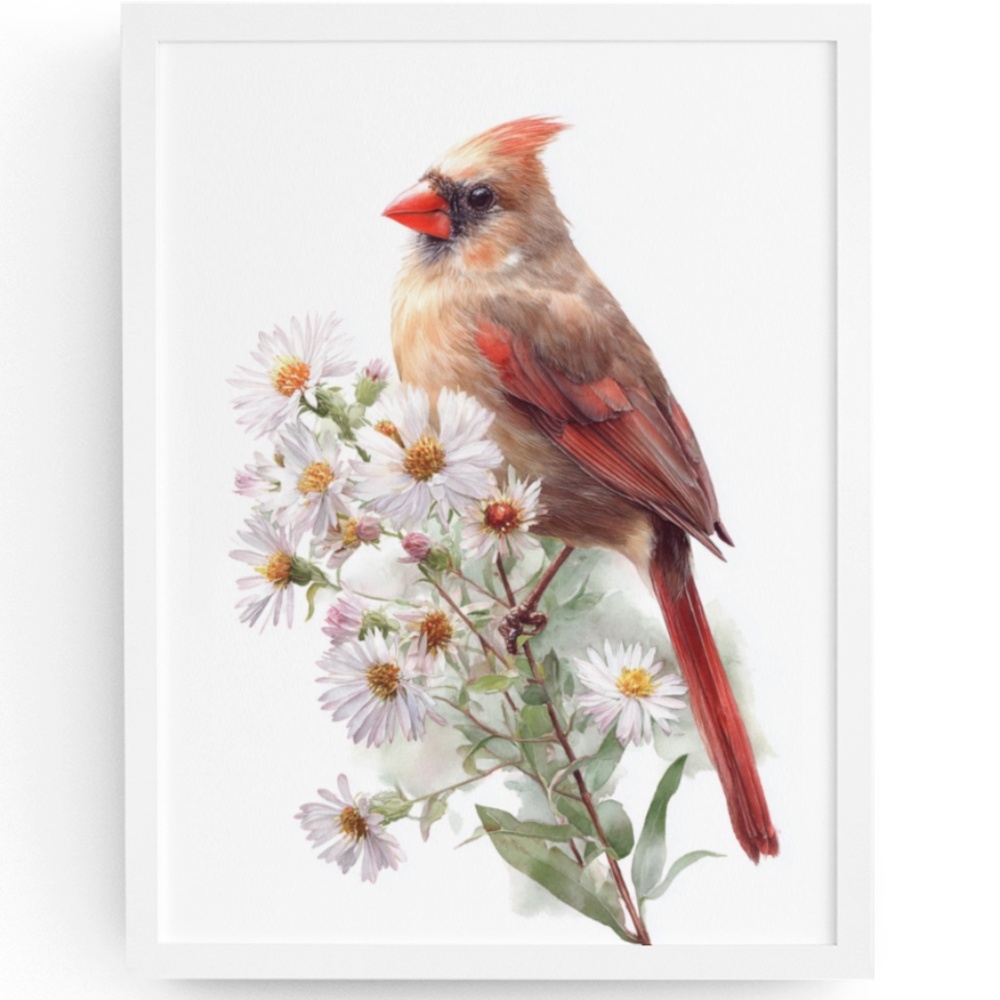Watercolor Female Cardinal Bird with Flowers Wall Art Print Unframed